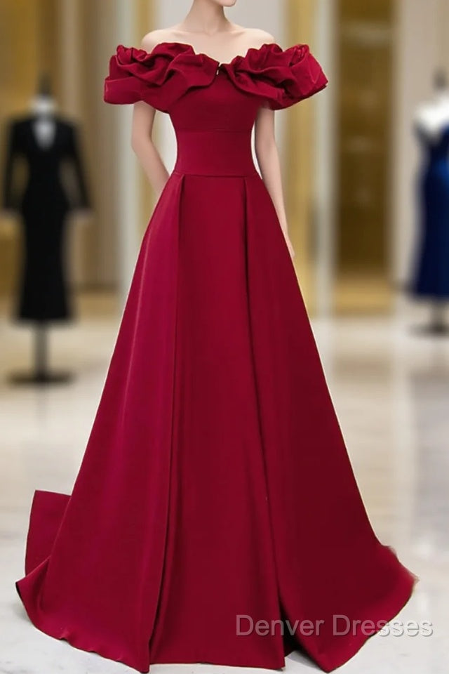 Off Shoulder Wine Red Sweetheart Long Party Dress, Wine Red Prom Dress Evening Dress Main image