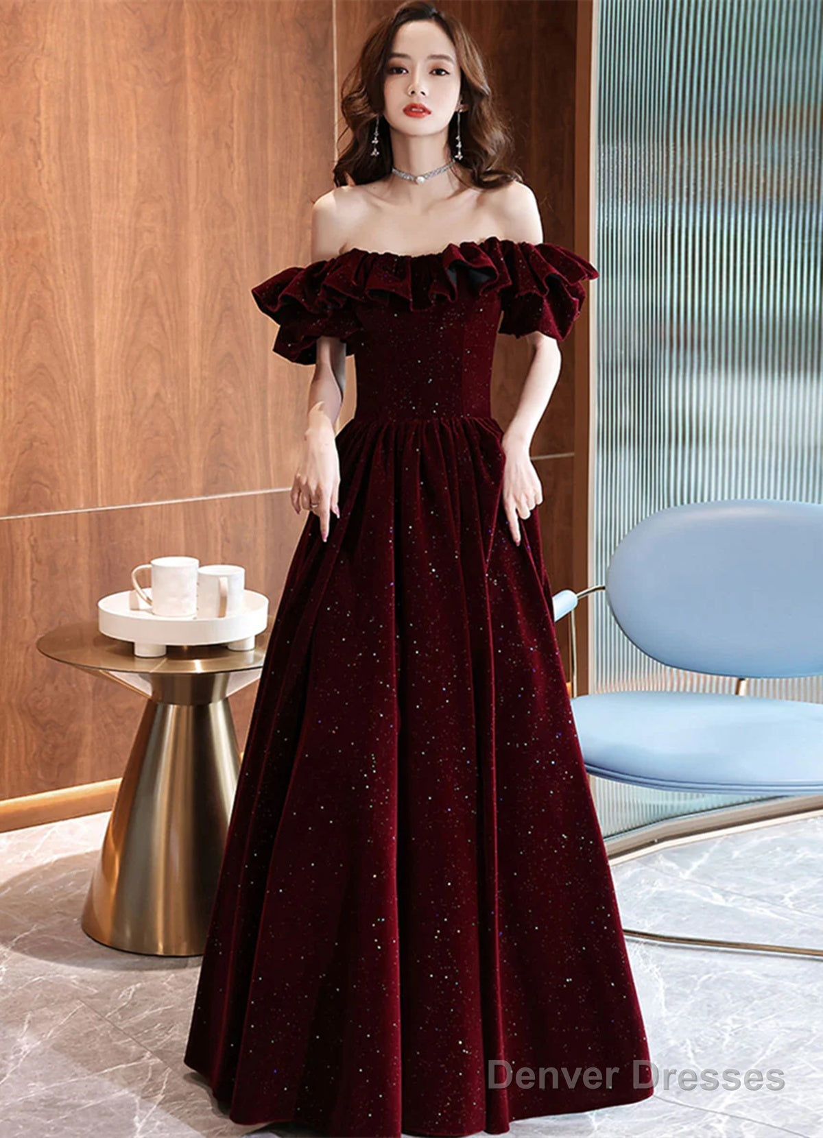 Off Shoulder Wine Red Velvet A-Line Party Dress, Wine Red Prom Dress Secondary image