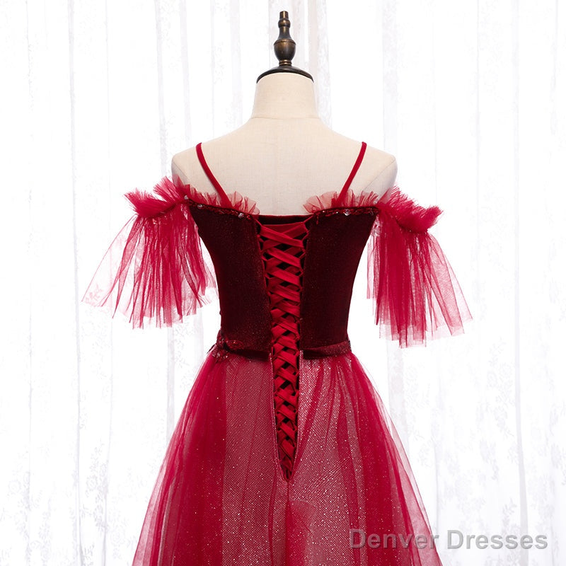 Off Shoulder Wine Red Velvet and Tulle Party Dress, A-line Tulle Floor Length Prom Dress