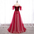 Off Shoulder Wine Red Velvet and Tulle Party Dress, A-line Tulle Floor Length Prom Dress