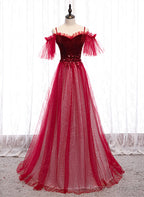 Off Shoulder Wine Red Velvet and Tulle Party Dress, A-line Tulle Floor Length Prom Dress