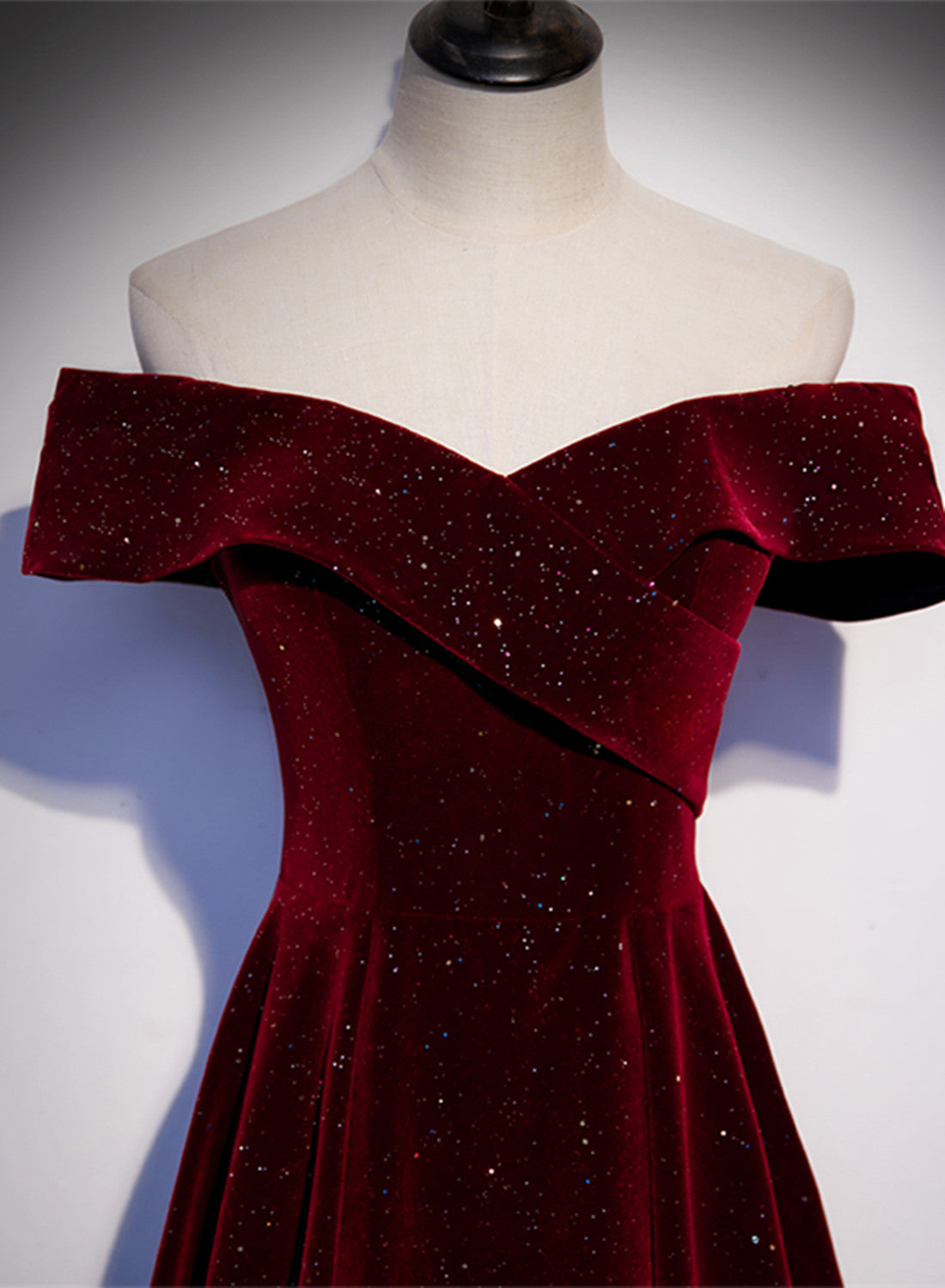 Off Shoulder Wine Red Velvet Long Party Dress, A-Line Wine Red Evening Dress Secondary image