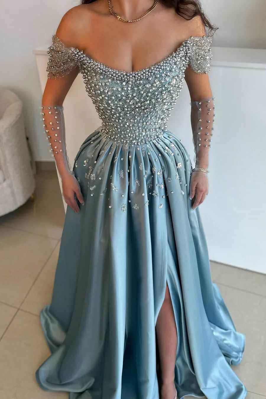 Off The Shoudler Pearls Dusty Blue A-Line Floor Length Prom Dresses Secondary image