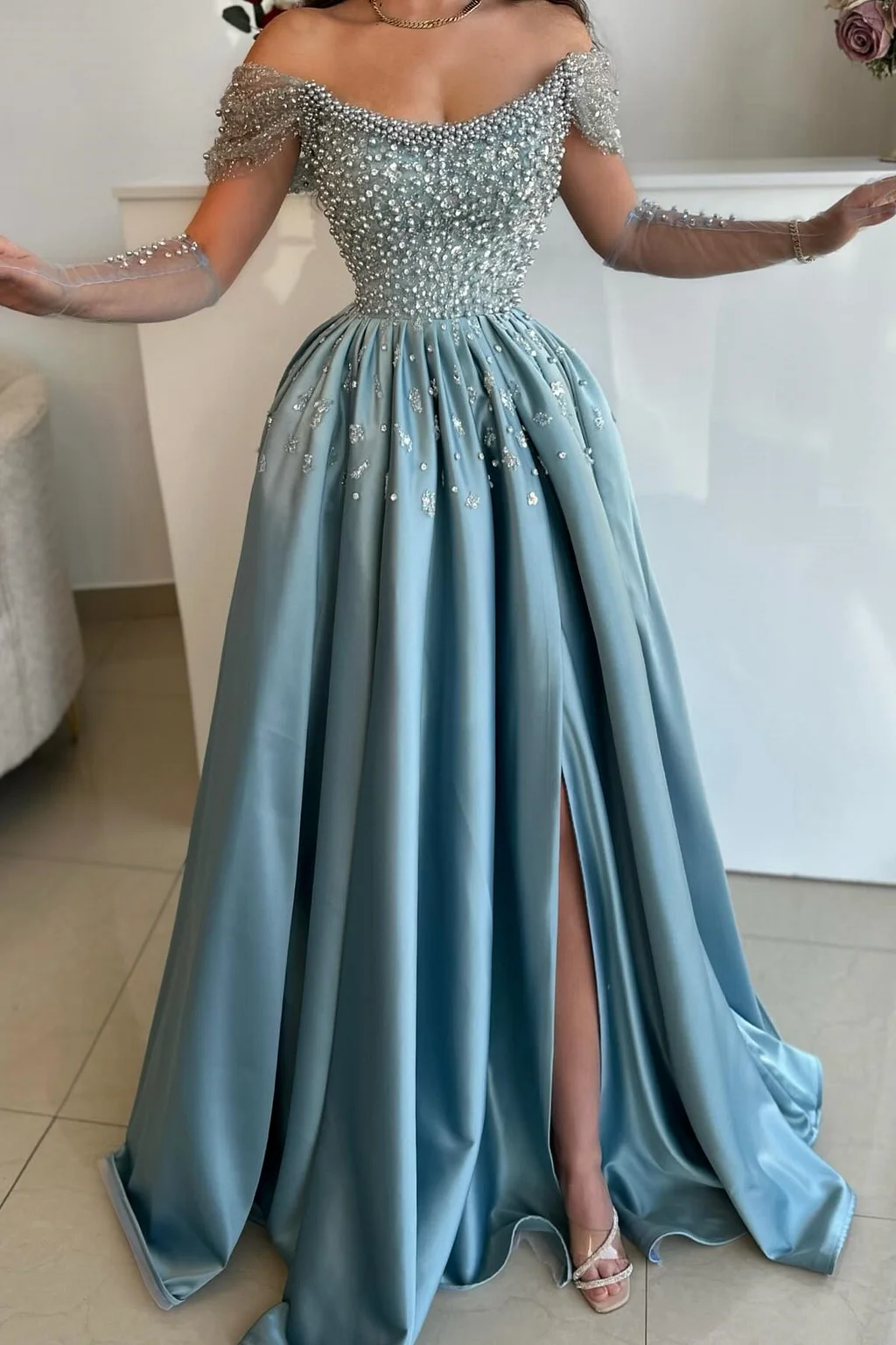 Off The Shoudler Pearls Dusty Blue A-Line Floor Length Prom Dresses Main image