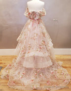 Off the Shoulder A-line Floral Wedding Dress with Ruffle Skirt