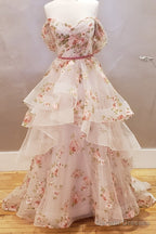 Off the Shoulder A-line Floral Wedding Dress with Ruffle Skirt