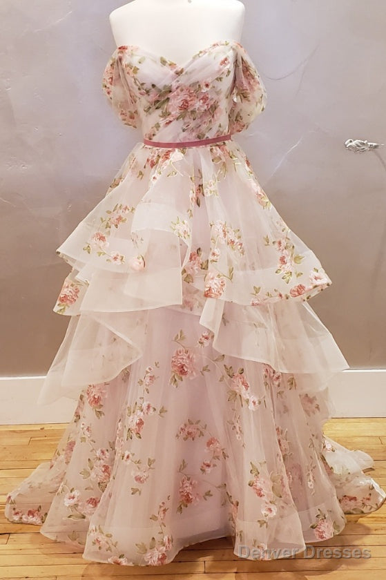 Off the Shoulder A-line Floral Wedding Dress with Ruffle Skirt