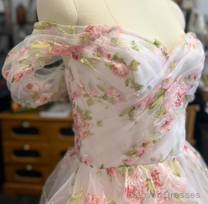 Off the Shoulder A-line Floral Wedding Dress with Ruffle Skirt