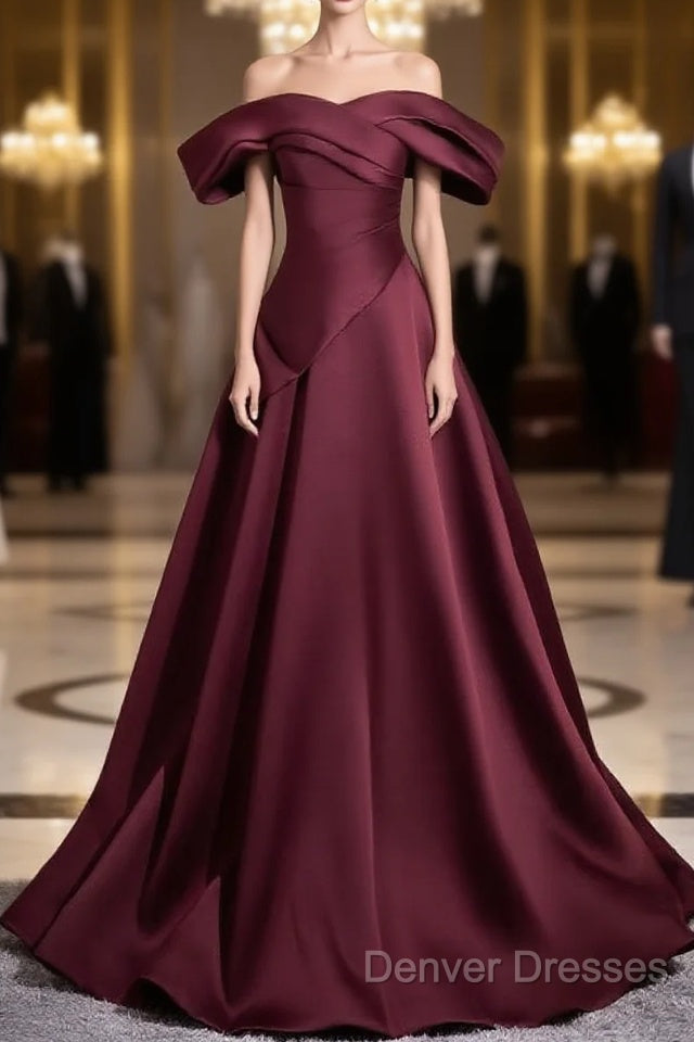 Off The Shoulder A-Line Satin Ruched Floor Length Prom Dress Main image