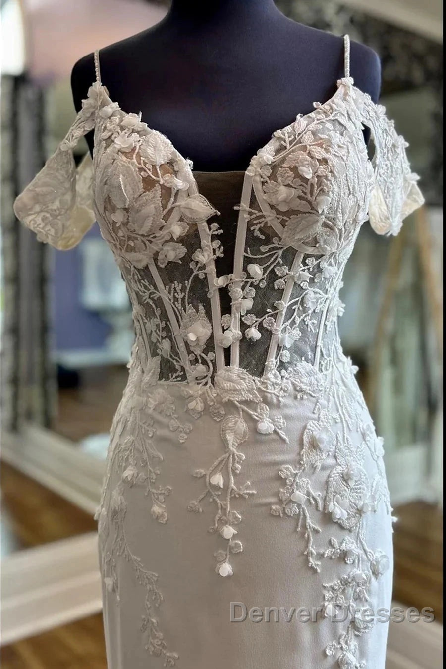 Off-The-Shoulder Appliques Straps Sweeping Long Wedding Dress