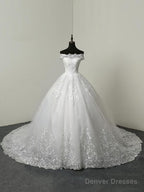 Off The Shoulder Ball Gown Wedding Dresses Short Sleeve Lace Applique Tulle Bridal Dress