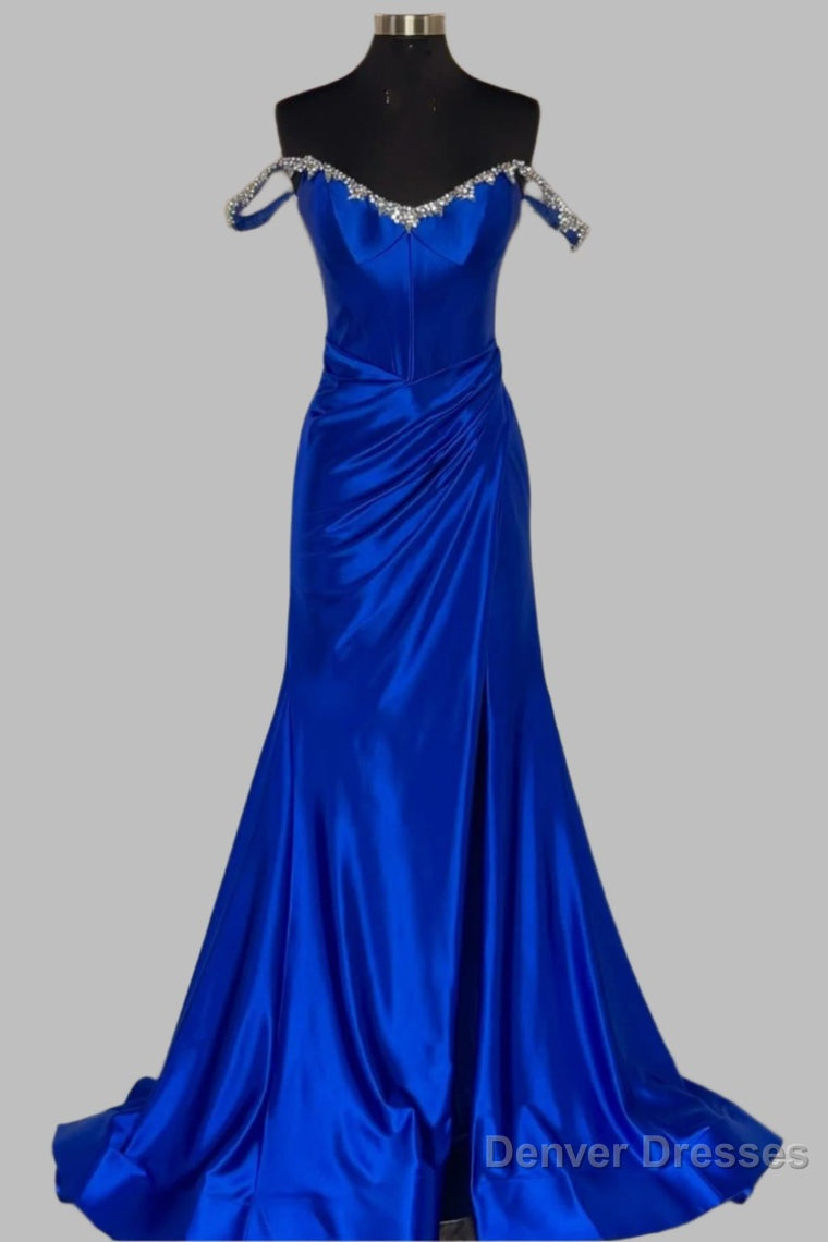 Off the Shoulder Beaded Blue Mermaid Prom Dress with Slit Secondary image
