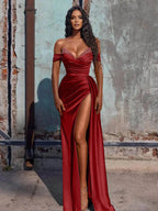 Off The Shoulder Beaded Satin Long Prom Dress