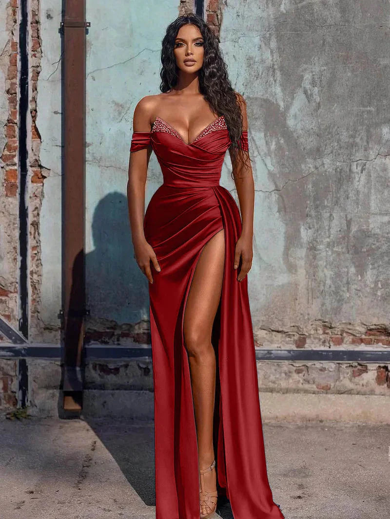Off The Shoulder Beaded Satin Long Prom Dress