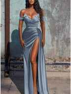Off The Shoulder Beaded Satin Long Prom Dress