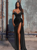 Off The Shoulder Beaded Satin Long Prom Dress