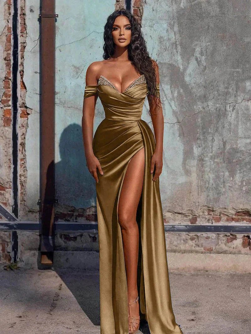 Off The Shoulder Beaded Satin Long Prom Dress