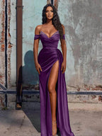 Off The Shoulder Beaded Satin Long Prom Dress