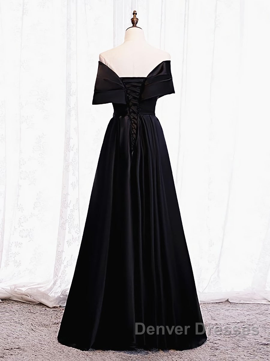 Off the Shoulder Black Long Prom Dress with Corset Back, Black Off the Shoulder Formal Evening Dress