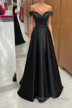 Off the Shoulder Black Satin Long Prom Dress, Black Off Shoulder Formal Evening Dress