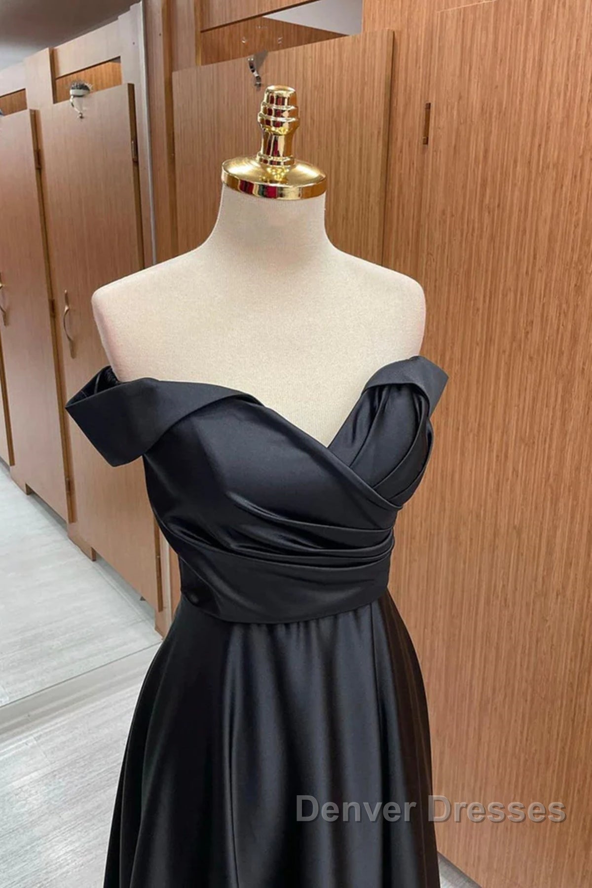 Off the Shoulder Black Satin Long Prom Dress, Black Off Shoulder Formal Evening Dress Secondary image