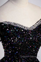 Off the Shoulder Black Sequin Prom Dress, Black Long Formal Evening Dress