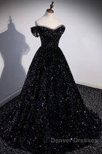 Off the Shoulder Black Sequin Prom Dress, Black Long Formal Evening Dress