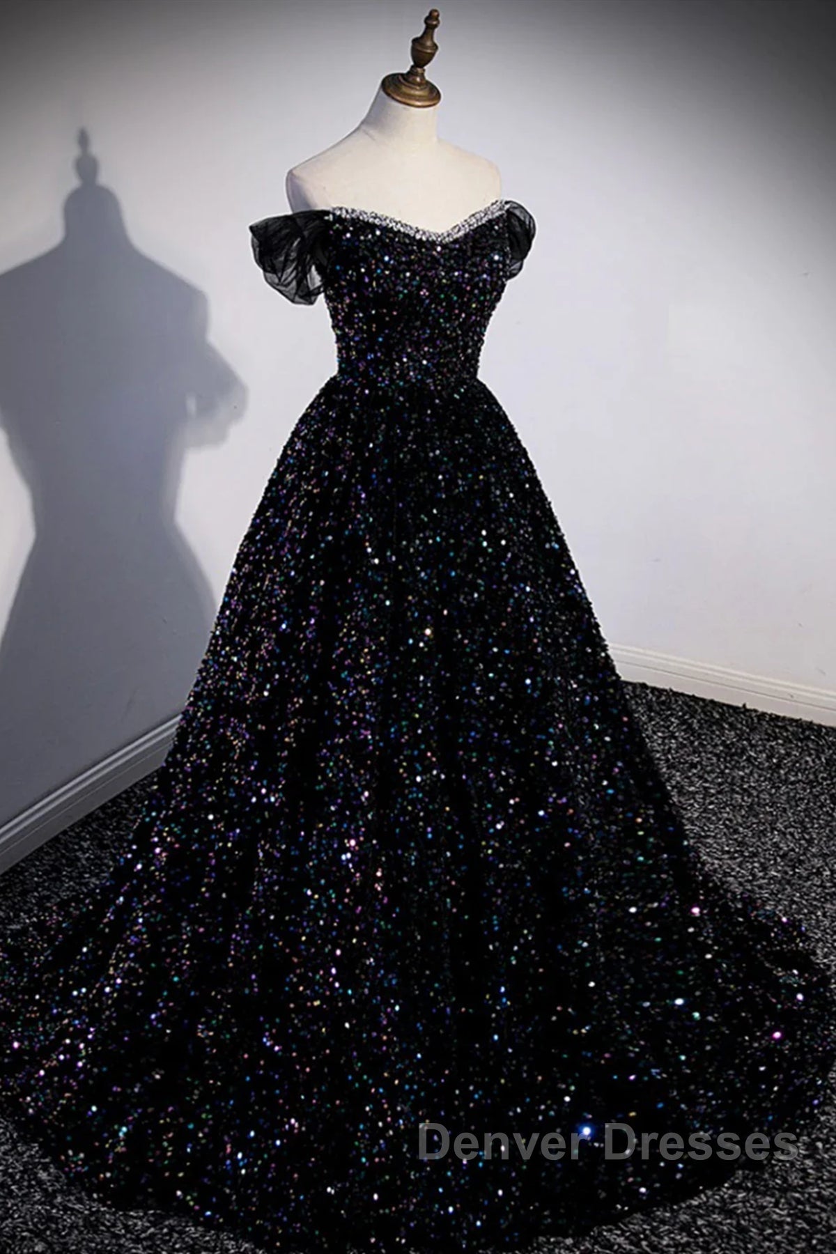 Off the Shoulder Black Sequin Prom Dress, Black Long Formal Evening Dress