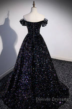Off the Shoulder Black Sequin Prom Dress, Black Long Formal Evening Dress
