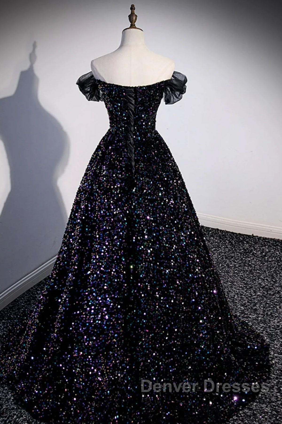 Off the Shoulder Black Sequin Prom Dress, Black Long Formal Evening Dress