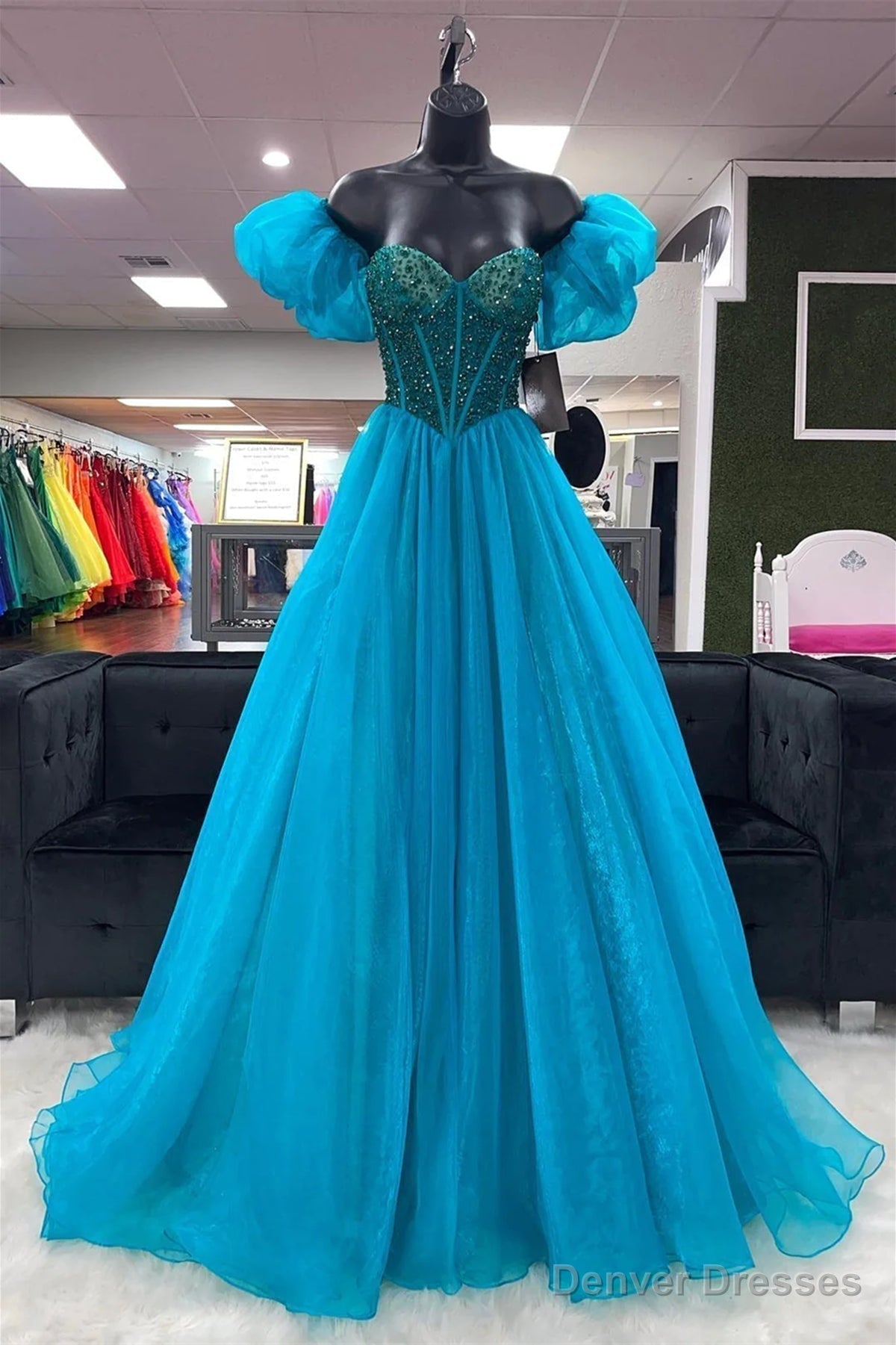 Off the Shoulder Blue Beaded Long Prom Dresses, Blue Beaded Long Formal Evening Dresses Main image