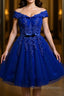 Off the Shoulder Blue Lace Prom Dress, Off Shoulder Blue Homecoming Dress, Short Blue Lace Formal Evening Dress