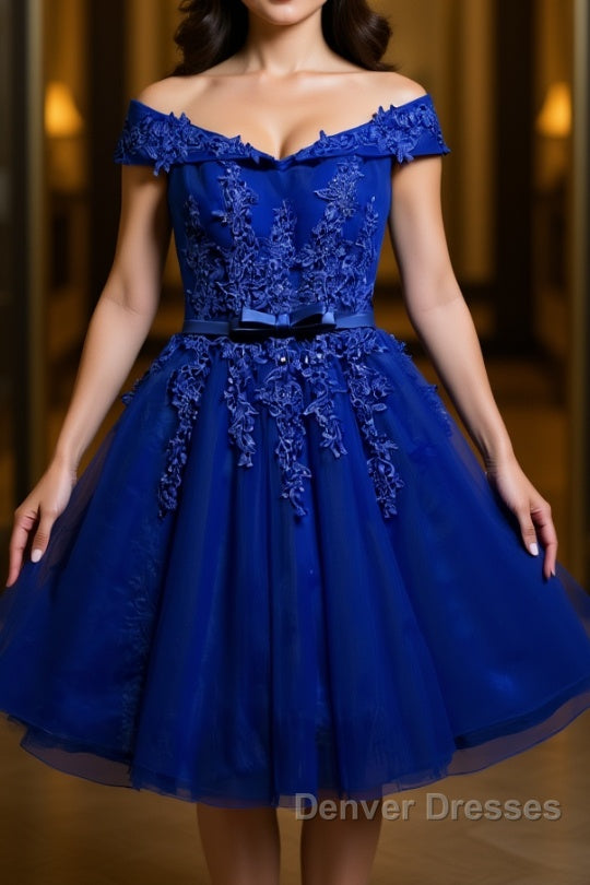 Off the Shoulder Blue Lace Prom Dress, Off Shoulder Blue Homecoming Dress, Short Blue Lace Formal Evening Dress Main image