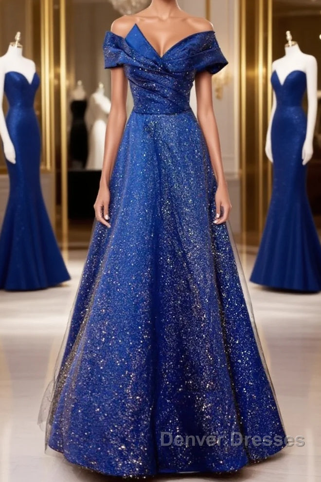 Off the Shoulder Blue Long Prom Dress, Off Shoulder Long Formal Evening Dress Main image