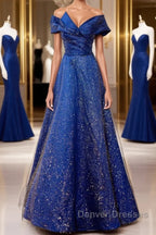 Off the Shoulder Blue Long Prom Dress, Off Shoulder Long Formal Evening Dress