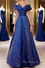Off the Shoulder Blue Long Prom Dress, Off Shoulder Long Formal Evening Dress