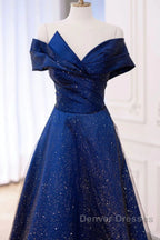 Off the Shoulder Blue Long Prom Dress, Off Shoulder Long Formal Evening Dress