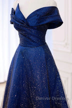 Off the Shoulder Blue Long Prom Dress, Off Shoulder Long Formal Evening Dress
