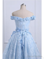 Off the Shoulder Blue Prom Dresses Lace Applique,  High Low Prom Dress