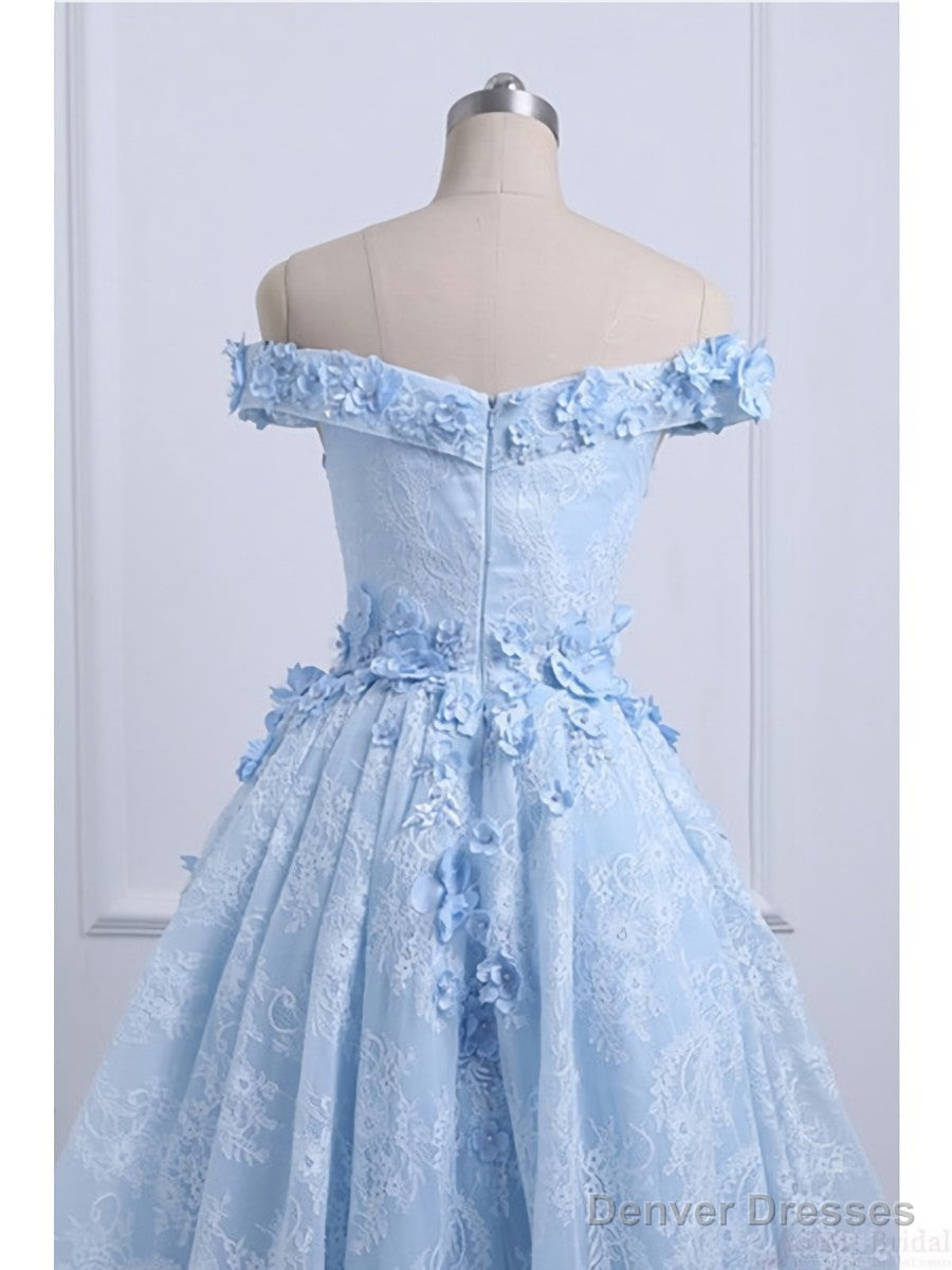 Off the Shoulder Blue Prom Dresses Lace Applique,  High Low Prom Dress