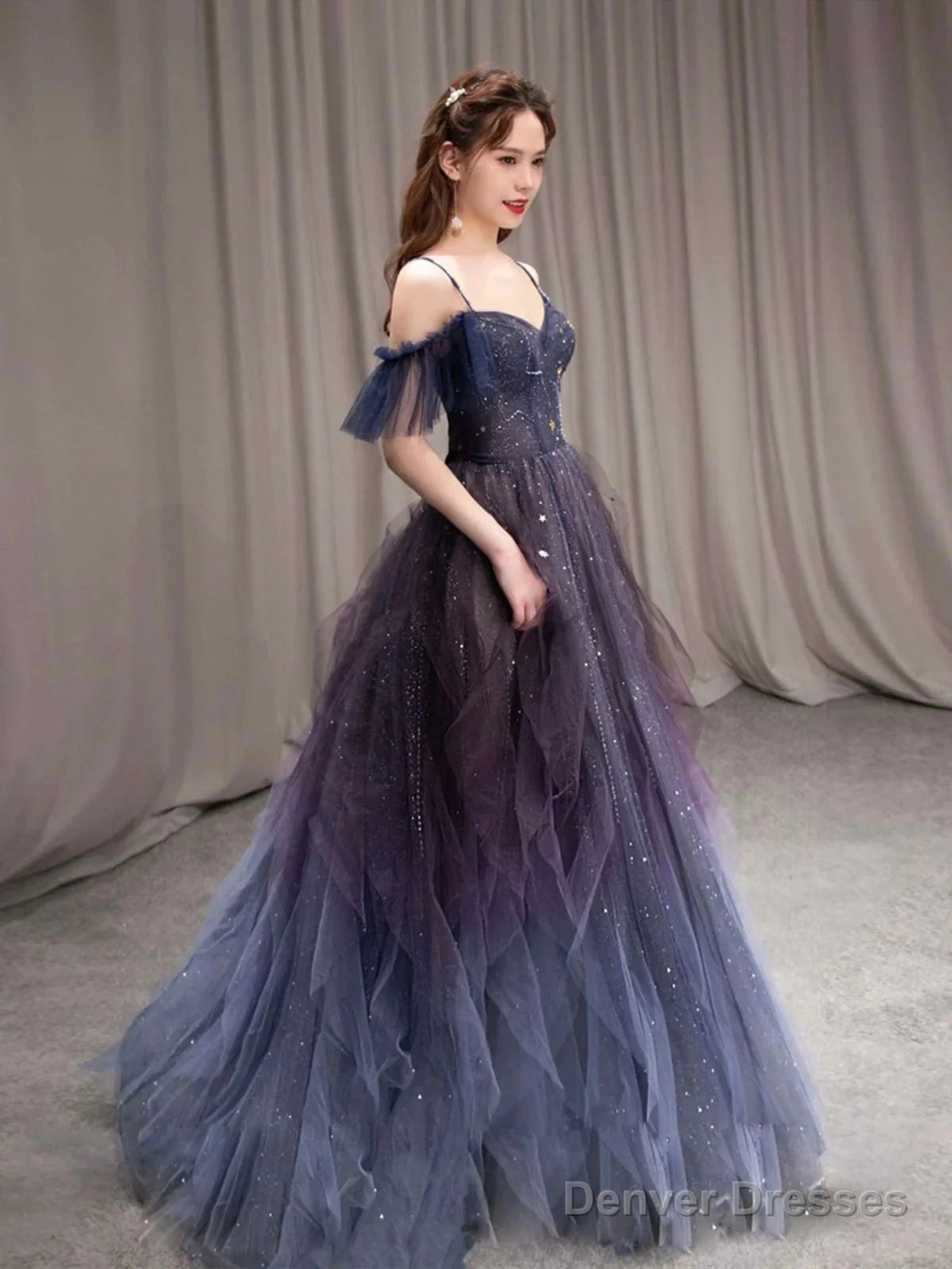 Off The Shoulder Blue Purple Ombre Tulle Prom Dresses, Blue Purple Ombre Formal Graduation Dresses Secondary image