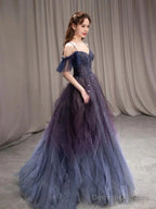 Off The Shoulder Blue Purple Ombre Tulle Prom Dresses, Blue Purple Ombre Formal Graduation Dresses