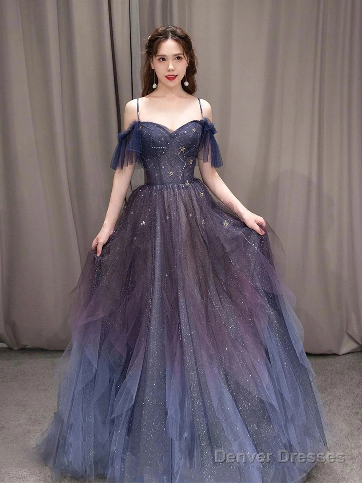 Off The Shoulder Blue Purple Ombre Tulle Prom Dresses, Blue Purple Ombre Formal Graduation Dresses