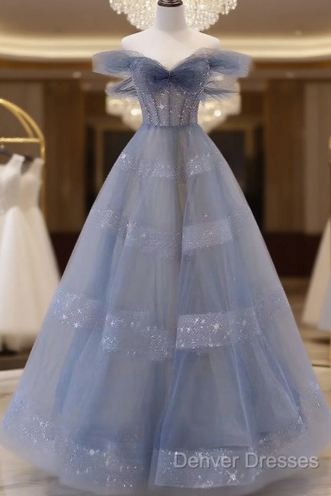 Off The Shoulder Blue Tulle A Line Long Prom Dress Main image
