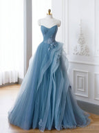 Off the Shoulder Blue Tulle Prom Dresses, Blue Tulle Floral Formal Evening Dresses