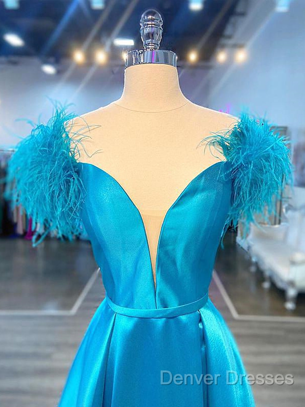 Off The Shoulder Blue V Neck Prom Dress, Blue V Neck Long Formal Evening Dress Secondary image