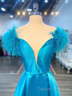 Off The Shoulder Blue V Neck Prom Dress, Blue V Neck Long Formal Evening Dress