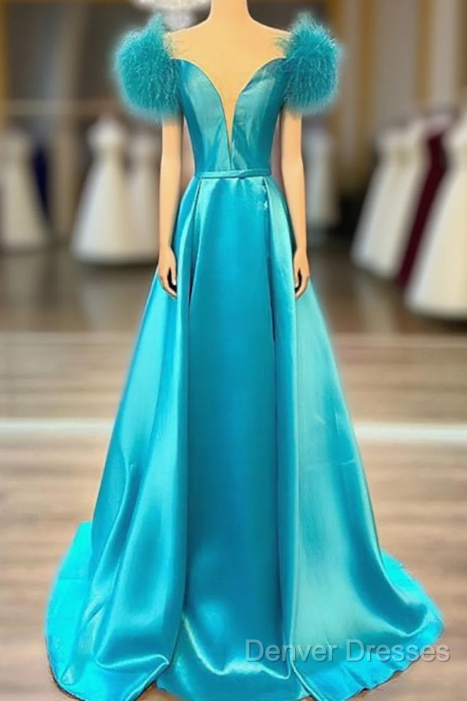 Off The Shoulder Blue V Neck Prom Dress, Blue V Neck Long Formal Evening Dress