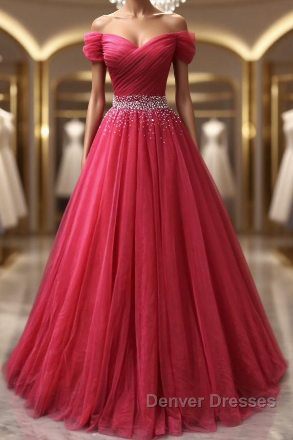 Off the Shoulder Burgundy Prom Dress with Beaded Belt, Wine Red Long Formal Evening Dress