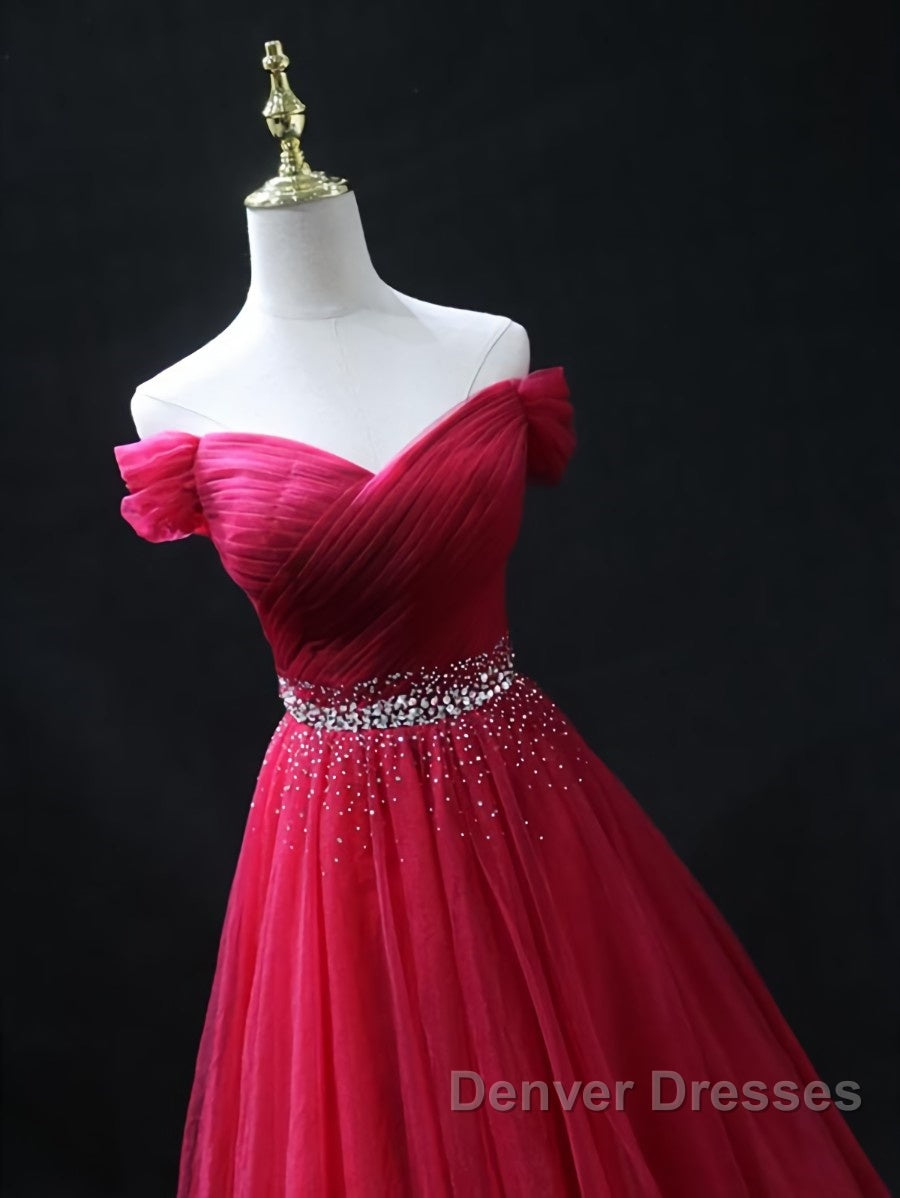 Off the Shoulder Burgundy Prom Dress with Beaded Belt, Wine Red Long Formal Evening Dress